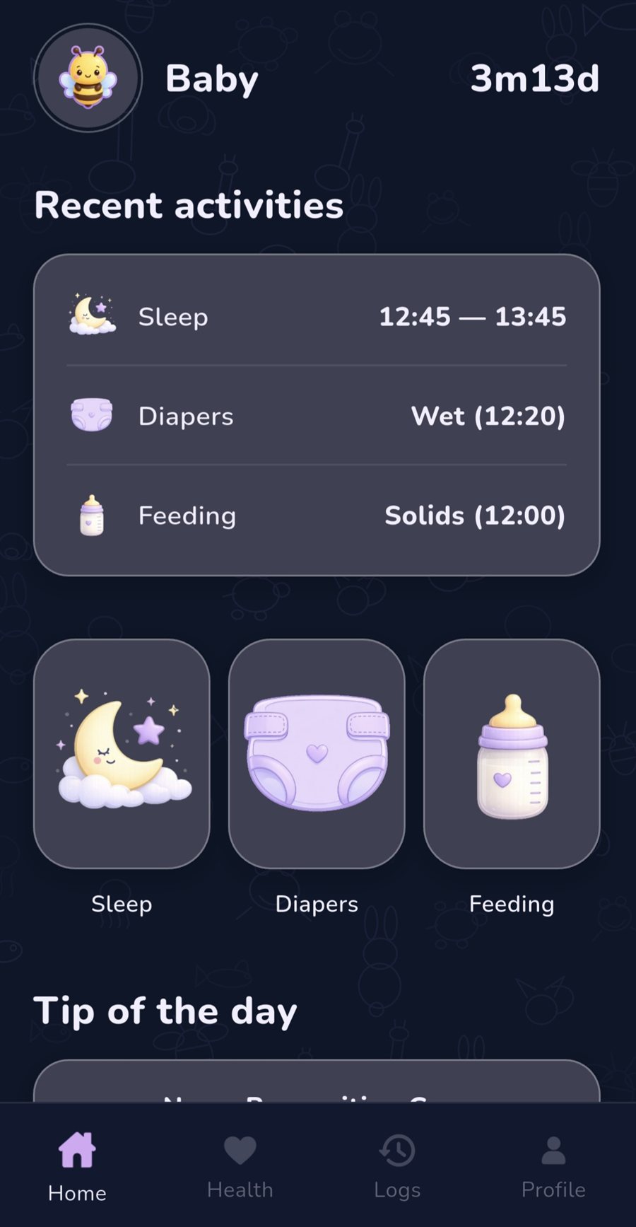 Recent activities in the heymama baby app
