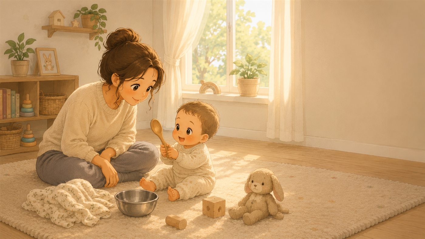 A mother playing with her baby and a wooden spoon