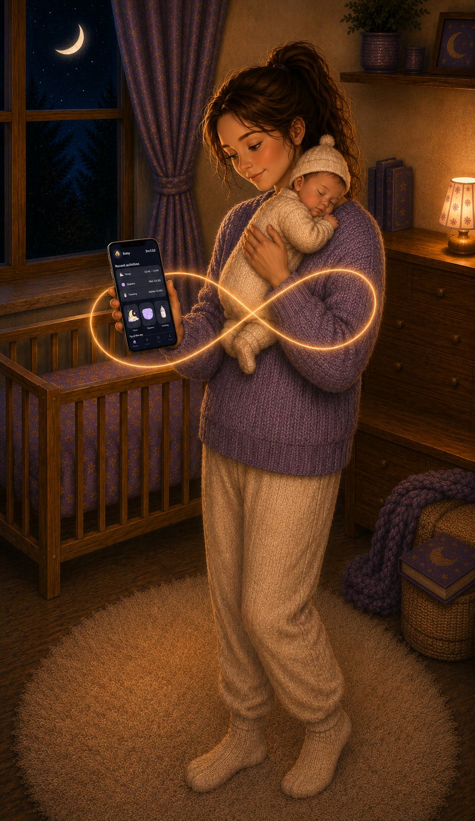 A mother holding her sleeping baby, a golden thread around them